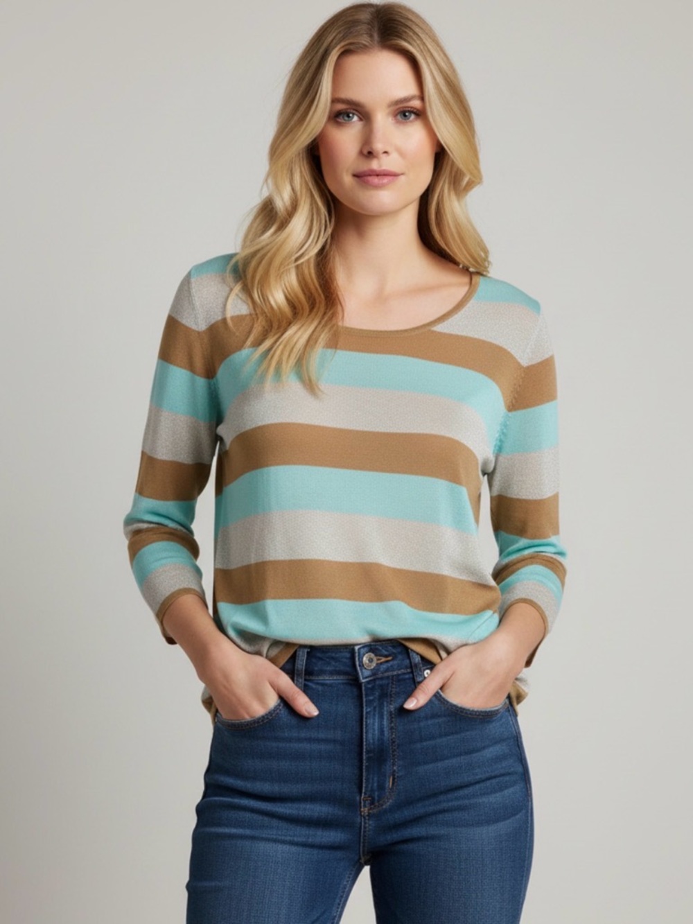 Lauren Vidal Aqua, Tan & Cream Striped Scoop Neck Tunic